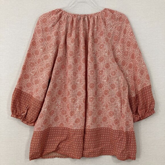 Jones New York Red Tan Patterned 3/4 Sleeve Peasant Popover Blouse 1X Soft Rayon - Picture 10 of 11